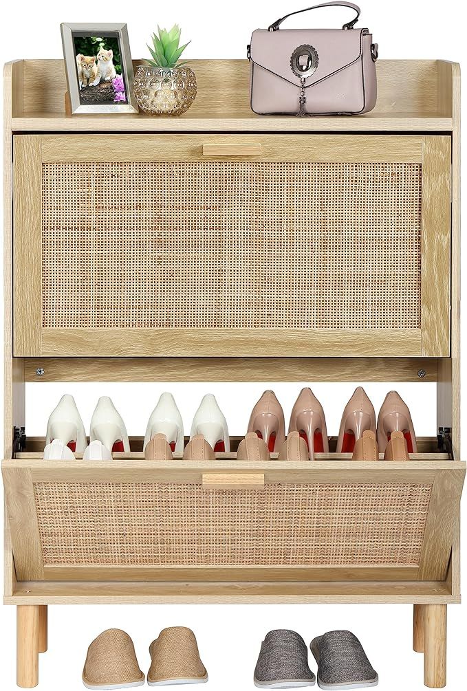 Finnhomy Extended Edition Shoe Cabinet with Natural Rattan Flip Drawers for Entryway, Free Standi... | Amazon (US)