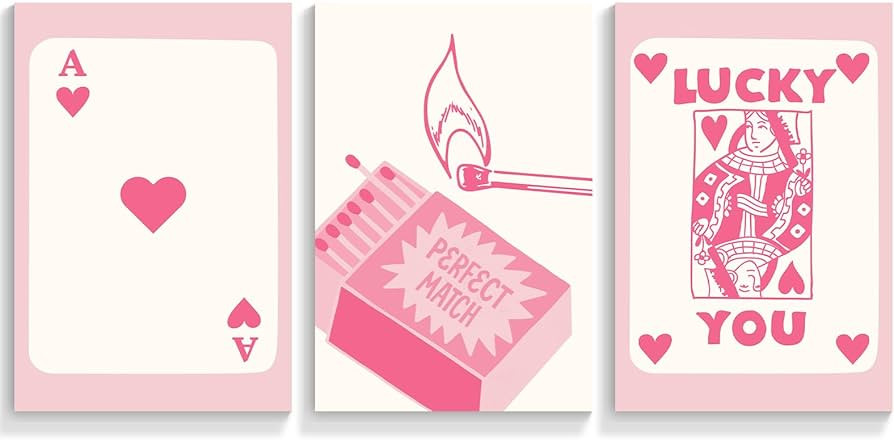 DFAIUY Vintage Pink Queen Ace Of Hearts Poker Posters Set Of 3 For Room Aesthetic Lucky You Playi... | Amazon (US)