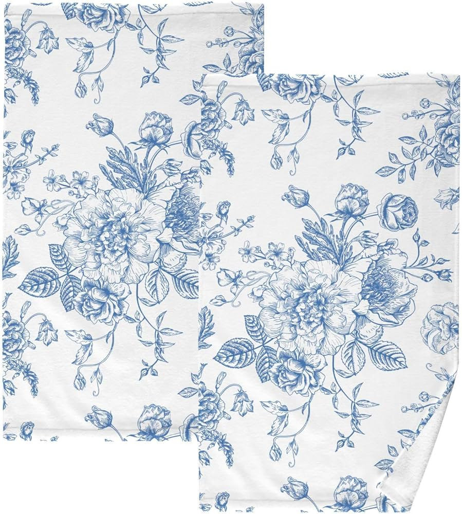 susiyo Hand Towels Set of 2 Blue Floral Cotton Bathroom Hand Towels Super Soft Highly Absorbent F... | Amazon (US)