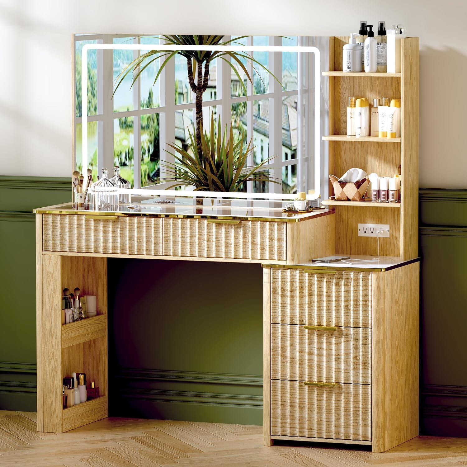 51" Vanity Desk with Power Outlet, Makeup Vanity with Mirror and Lights, 3 Lighting Modes, Vanity... | Amazon (US)