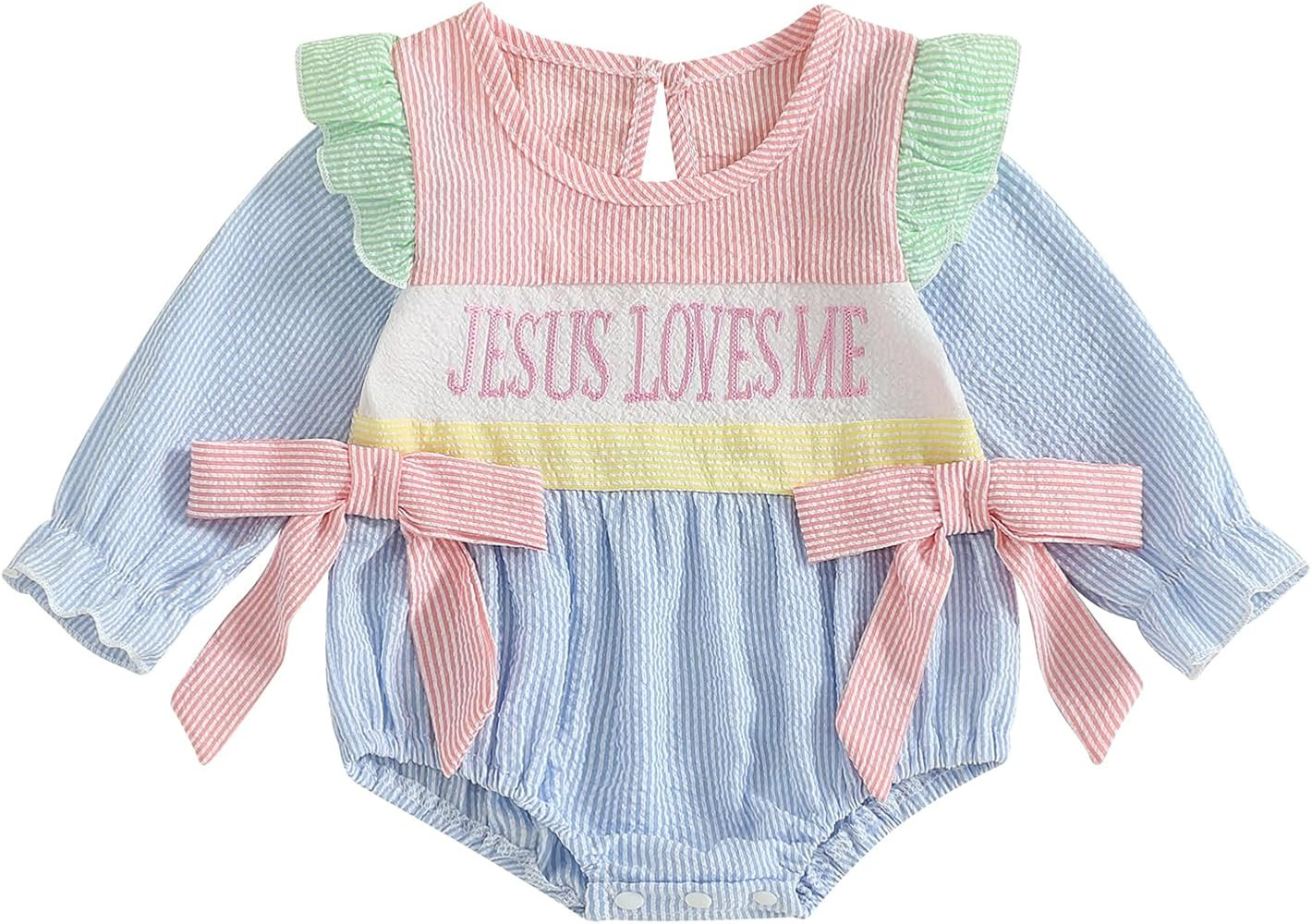 Newborn Baby Girl Fall Clothes Jesus Loves Me Embroidery Bubble Romper Striped Long Sleeve Bodysu... | Amazon (US)