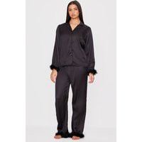 Black Feather Trim Satin Long Pajama Set | PrettyLittleThing US