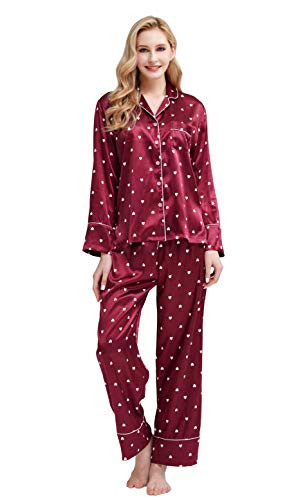 Women’s Silky Satin Pajamas Button Down Long Sleeve Sleepwear PJ Set Loungewear (Burgundy Heart with White Piping, X-Large) | Amazon (US)