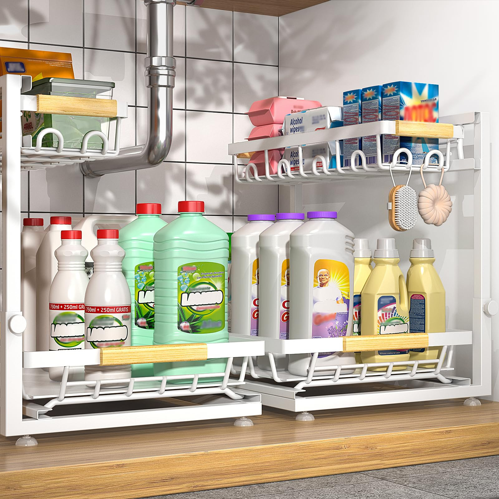 Sevenblue 2 Packs Under Sink Organizer, Height Adjustable 2 Tier Under Kitchen Sink Organizer, Multi-Purpose Storage Shelf for Kitchen Bathroom Cabinet (White, Large) | Amazon (US)