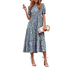 PRETTYGARDEN Women's Summer Casual Boho Dress Floral Print Ruffle Puff Sleeve High Waist Midi Bea... | Amazon (US)