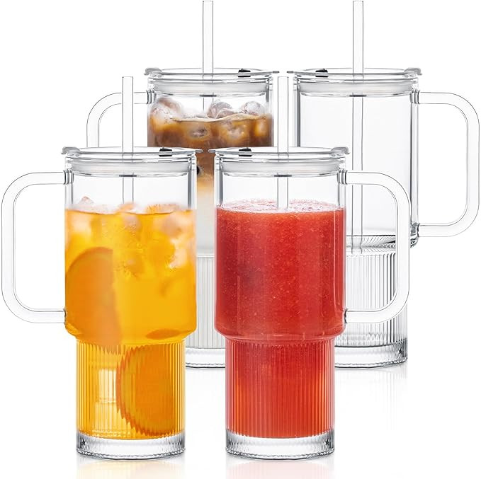 INSETLAN 26oz Glass Tumbler with Handle & Lid – 4-Pack Large Iced Coffee Cups with Straws, Mode... | Amazon (US)