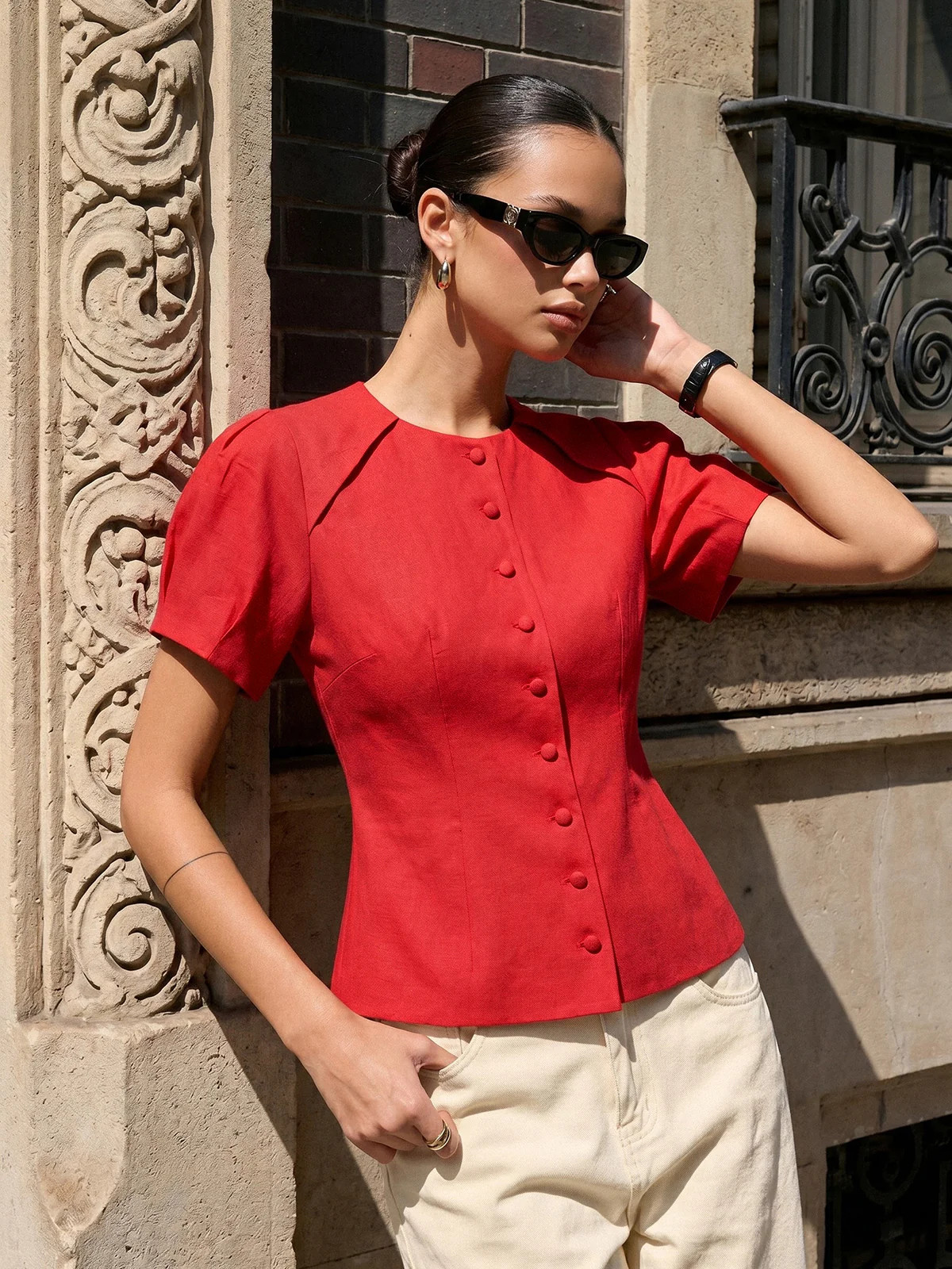 Puff Sleeve Fitted Linen Blend Blouse | Commense