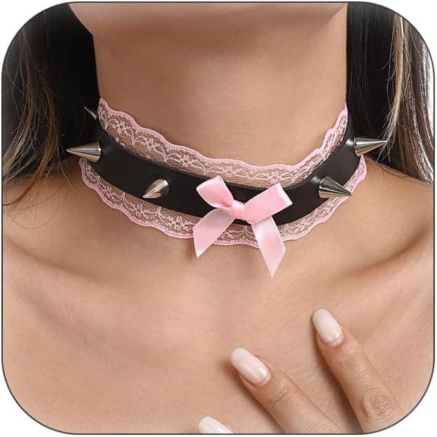 Gothic Black Leather Rivet Choker Necklace Lace Bow Knot Cool Punk Lolita Pink Bow Choker Wide Sh... | Amazon (US)