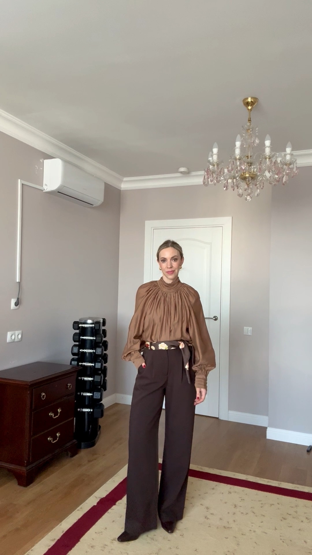 Workwear look, office wear, ruffle blouse, silk scarf worn as belt, @abercrombie chocolate brown Sloan trousers

#LTKootd #LTKOver40 #LTKWorkwear