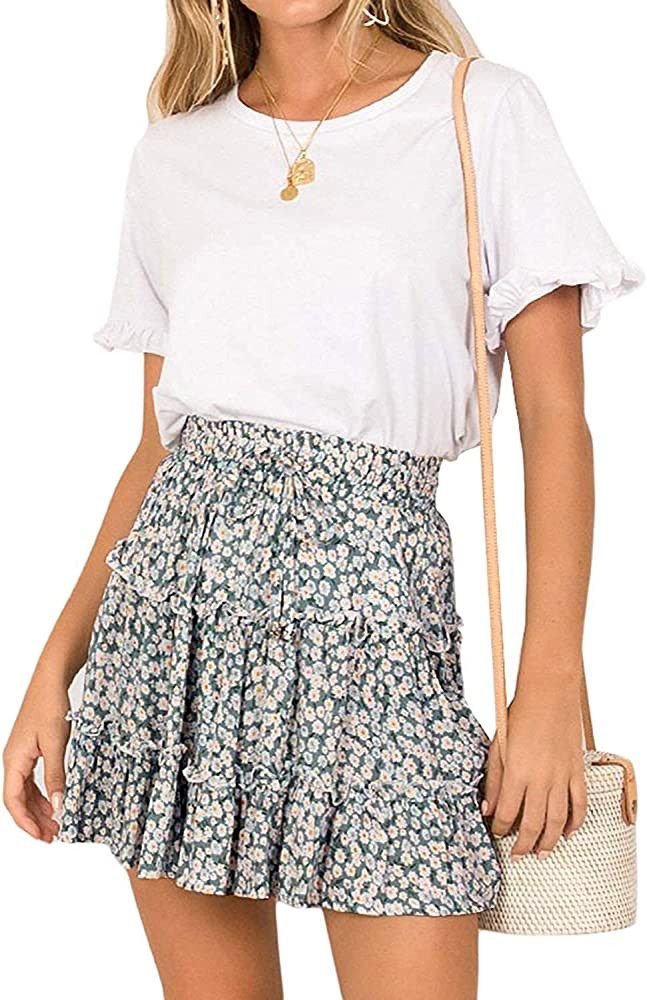 Floral Ruffle Tiered Mini Skirt - Mom Outfits, Summer Outfit, Summer Fashion | Amazon (US)