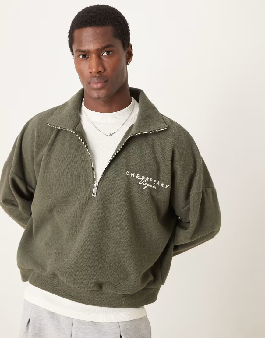 ASOS DESIGN oversized cropped funnel neck jumper with embroidery in khaki brushed rib-Brown | ASOS (Global)