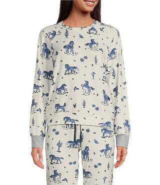 PJ Salvage Peachy Knit Long Sleeve Round Neck Coordinating Western Print Sleep Top | Dillard's | Dillard's