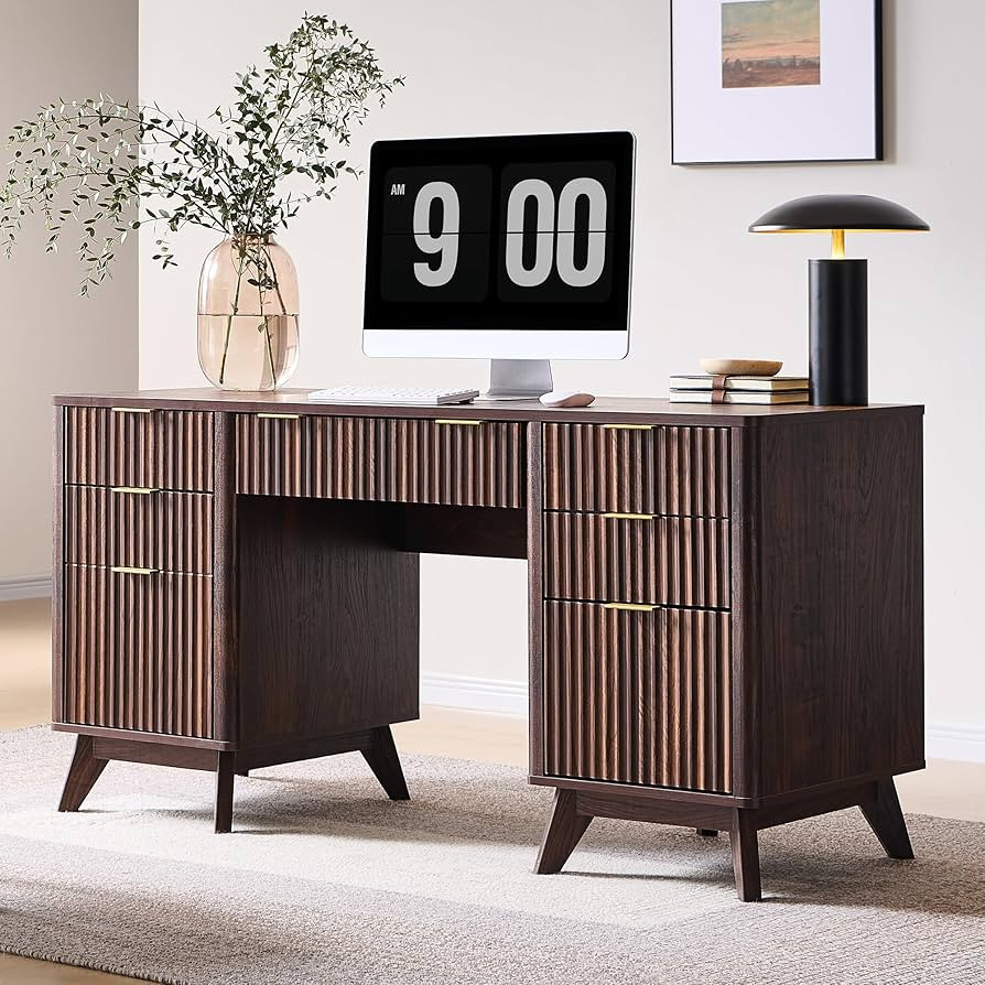 T4TREAM 60'' Fluted Executive Desk with Drawers, Modern Home Office Computer Desk with Charging S... | Amazon (US)
