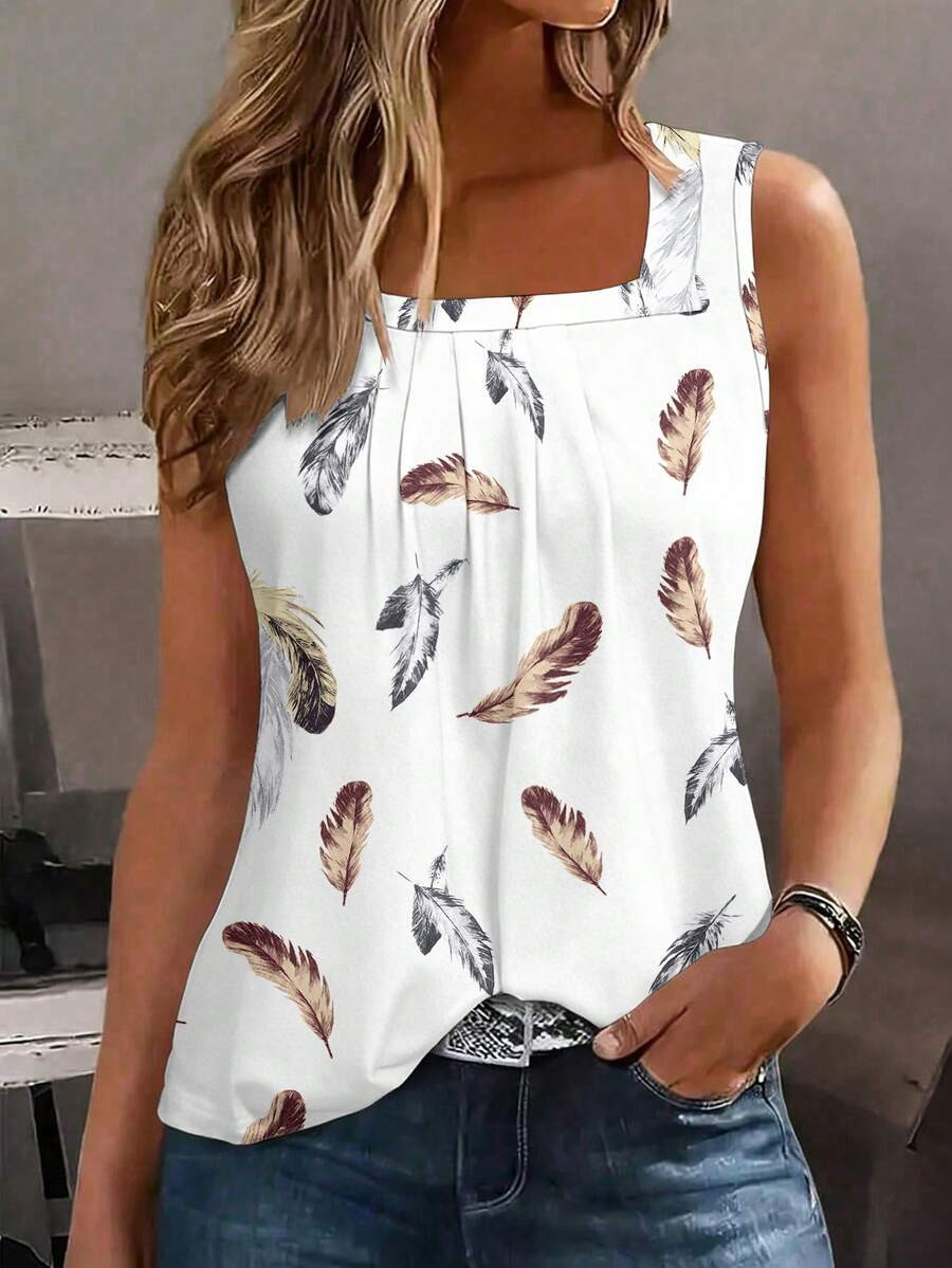 Plus Size Women Feather Print Square Neck Sleeveless Minimalist Casual Tank Top T-Shirt, Plus Siz... | SHEIN