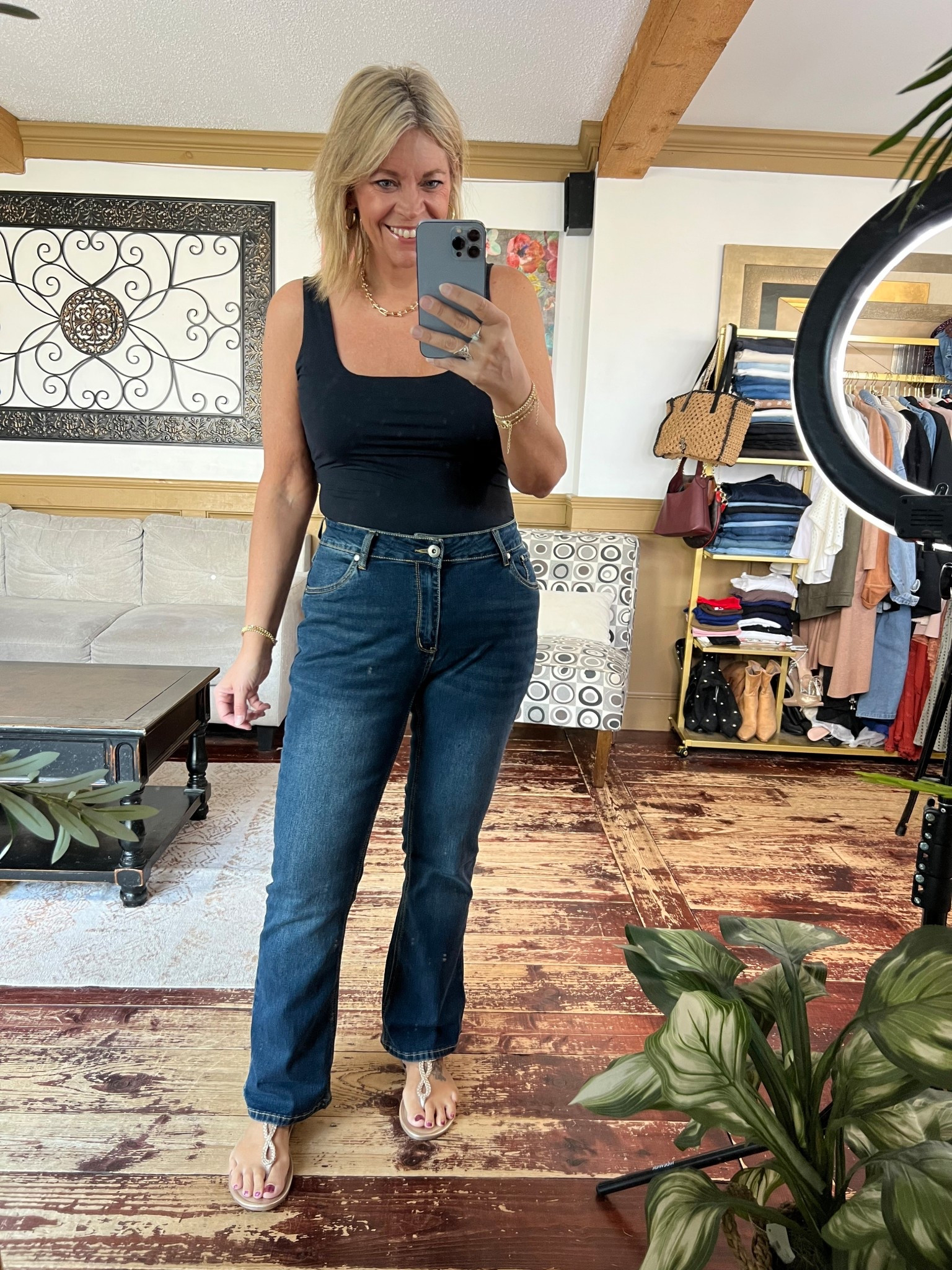 Wearing size 12 in these bootcut dark denim jeans from Bloomchic. True to size. Tank size large; sandals tts. 

#LTKOver40 #LTKMidsize #LTKSaleAlert
