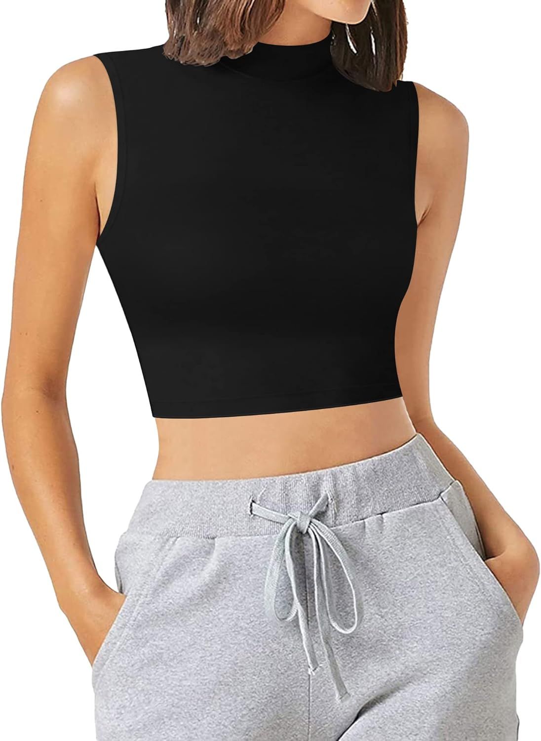 ALGALAROUND Women's Casual Mock Turtleneck Shirt Sleeveless Bodycon Crop Tank Tops (A Sleeveless ... | Amazon (US)
