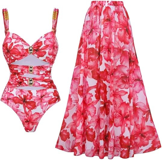 Cutout Flower Print One Piece Swimsuit and Skirt Set | Amazon (US)