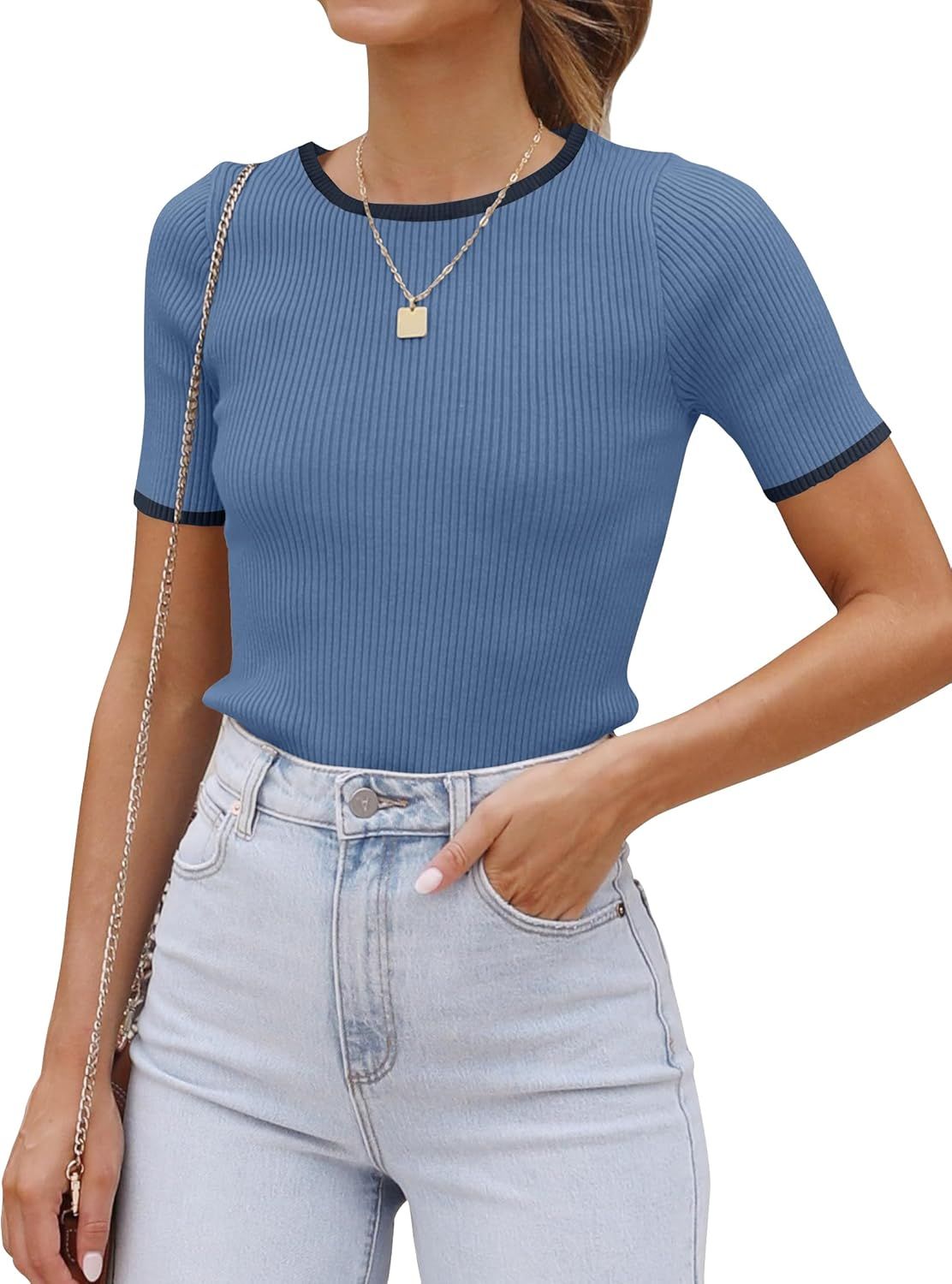ZESICA Women's Short Sleeve Crewneck Ribbed Knit Slim Fit T Shirt 2024 Summer Basic Casual Color ... | Amazon (US)