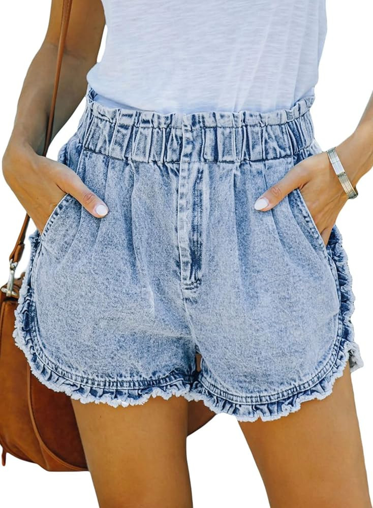 Asvivid Womens Casual Drawstring Elastic Waist Summer Frayed Tencel Shorts with Pockets S-XXL | Amazon (US)