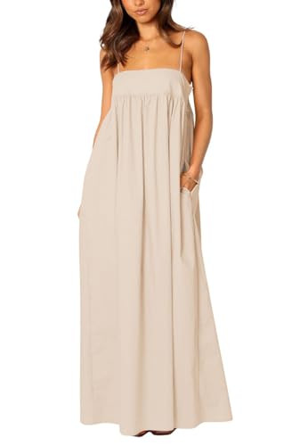 ebossy Women's Summer Backless Tied Spaghetti Straps Casual Loose Cutout Maxi Dress with Pockets | Amazon (US)