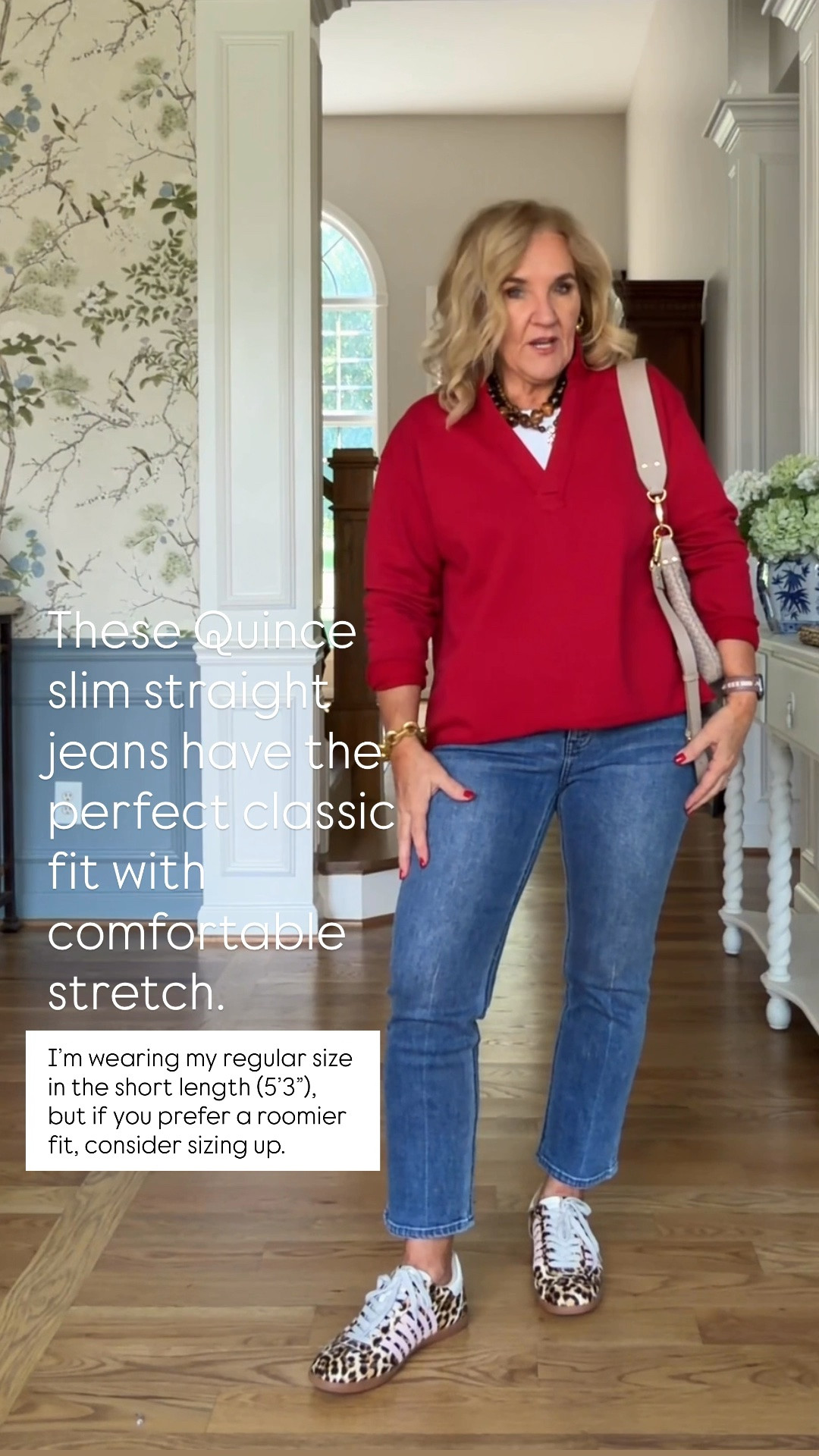 These Quince slim straight jeans are such a great everyday denim! They have the perfect slim, straight-leg silhouette with just the right amount of stretch for all-day comfort. I’m wearing my regular size in the short length (I’m 5’3”), but they are fairly fitted. If you prefer a little more room, I’d recommend sizing up.

💡 LTK MADE EASY
❤️ Heart = Support my posts!
🔖 Save = Get sale & restock alerts
📋 Lists = Keep favorites organized
📲 Share = Send lists and products to a friend. Hello, Christmas List!
💬 Comment = Ask me anything about what I’m wearing.:-)

#LTKootd #LTKOver40 #LTKSeasonal