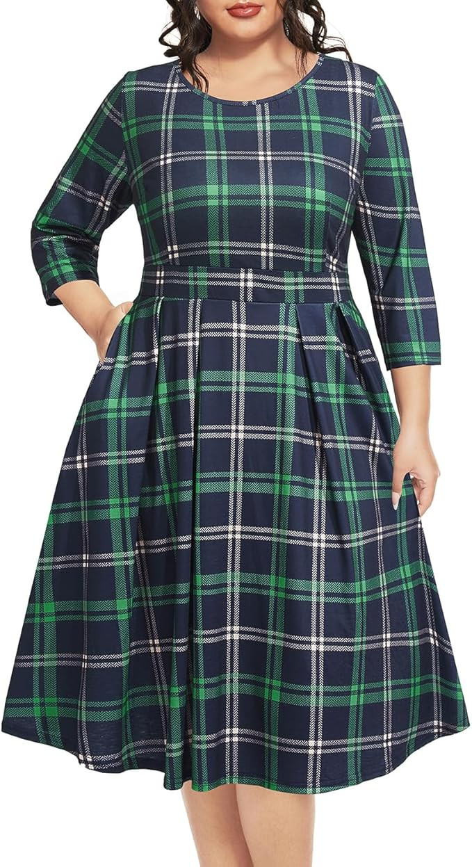 Pinup Fashion Plus Size Work Dresses - Fall Church Office Semi Formal Fit and Flare Midi Dress wi... | Amazon (US)