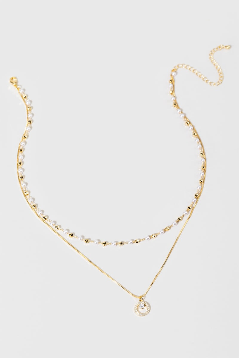 Kimberly Layered Pearl Circle Pendant 14K Gold Dipped Necklace | Francesca's