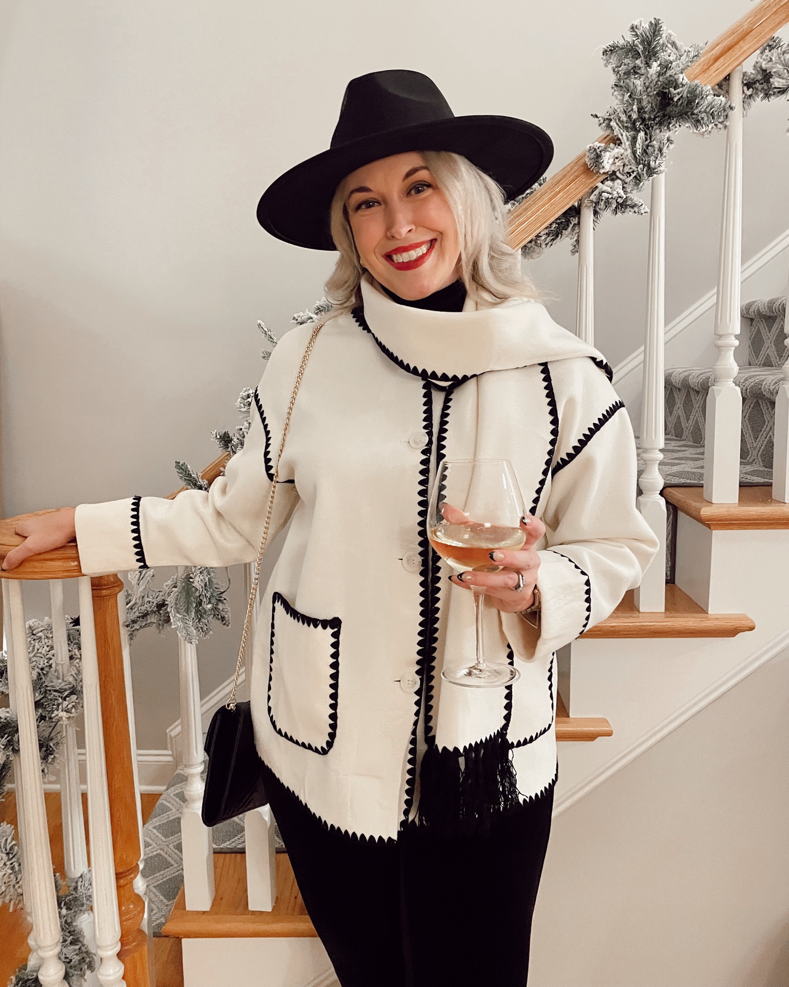 Holiday party outfit idea 🖤 Scarf coat and Brixton dupe under $50. Add a pop of color with red lipstick 💄 


#warmwinteroutfit #budgetstyle #christmasparty #winterstyle #amazon #kneehighboots 

#LTKFindsUnder50 #LTKMidsize #LTKHoliday