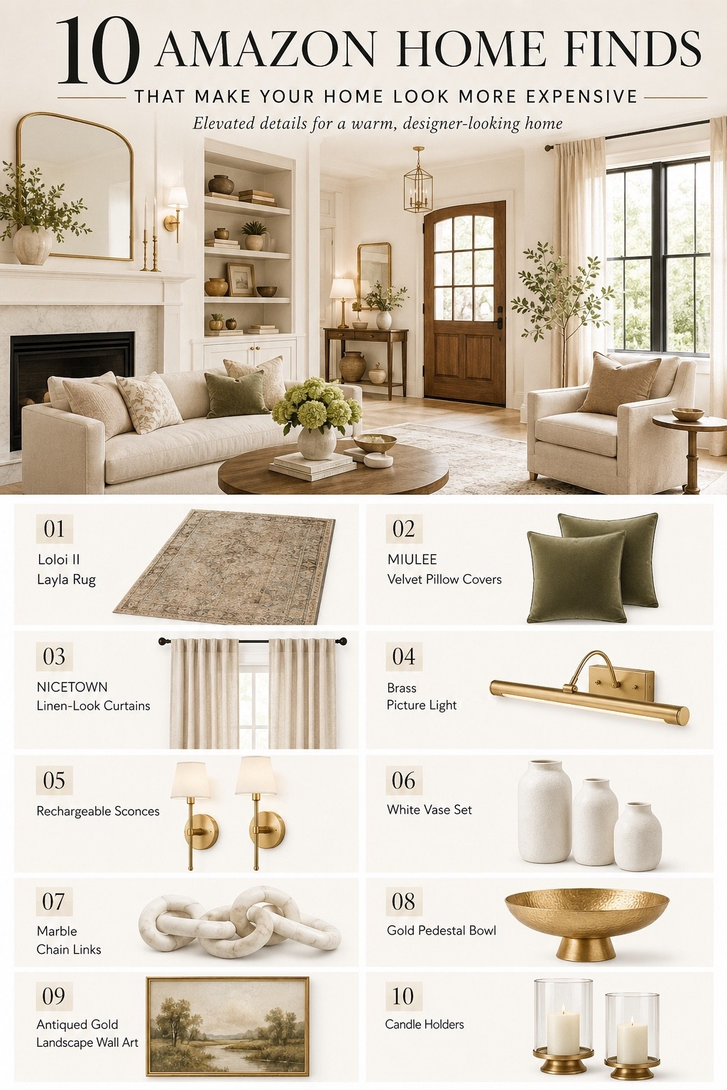 Amazon finds that give your home the expensive look without requiring the expensive-home budget. 🤎 These are the little details that do SO much for a room: linen-look curtains, vintage-inspired rugs and artwork, warm brass lighting, velvet pillow covers and elevated decorative accents. Basically, designer-looking home finds without the designer price tag. Linking all 10!

Amazon home finds, Amazon home decor, Amazon decor finds, expensive looking Amazon finds, Amazon finds that look expensive, affordable home decor, affordable luxury decor, designer look for less, designer inspired home decor, elevated home decor, luxury home decor, expensive looking home decor, home decor finds, neutral home decor, warm neutral decor, transitional home decor, traditional home decor, organic modern decor, cozy home decor, living room decor, living room inspiration, Amazon living room finds, Loloi rug, Loloi II Layla rug, vintage inspired rug, neutral area rug, velvet pillow covers, olive green pillows, linen look curtains, neutral curtains, Amazon curtains, brass picture light, gold picture light, rechargeable wall sconces, wireless wall sconces, white vase set, ceramic vase set, marble chain links, marble decor, decorative chain links, gold pedestal bowl, gold decorative bowl, landscape wall art, vintage landscape art, antiqued gold wall art, hurricane candle holders, brass candle holders, Amazon decorating ideas, home styling ideas, designer home inspiration, high end home decor

#LTKselfcare #LTKHome #LTKSaleAlert