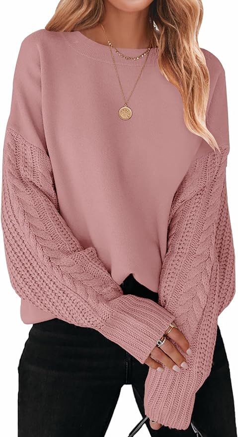 ZESICA Women's Fall Long Sleeve Crew Neck Solid Color Cable Knit Chunky Casual Oversized Pullover... | Amazon (US)