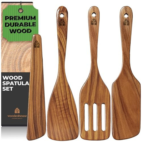 Wooden Spatula for Cooking, Teak Spatulas for Kitchen Use - Wooden Cooking Utensils Set of 4 including Paddle, Turner, Slotted Spurtle and Wood Scraper. Nonstick cookware. | Amazon (US)