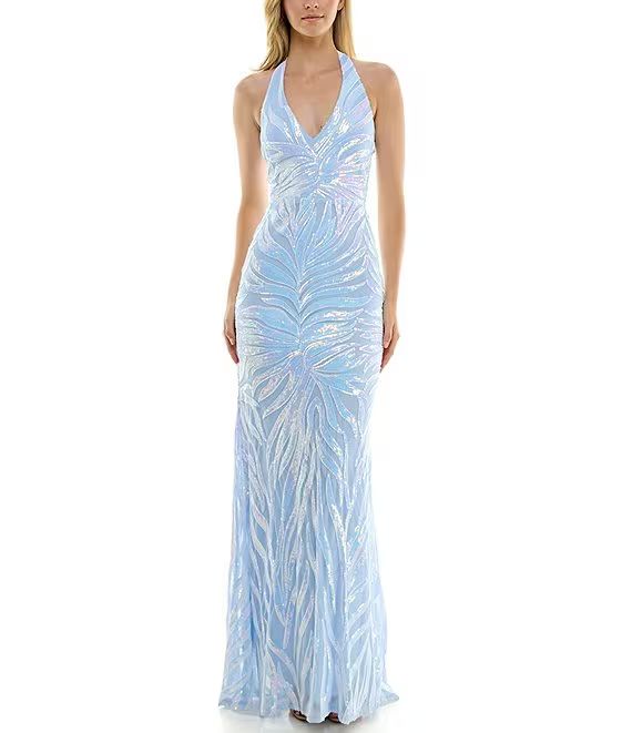 Pattern Sequin Halter V-Neck Long Gown | Dillard's