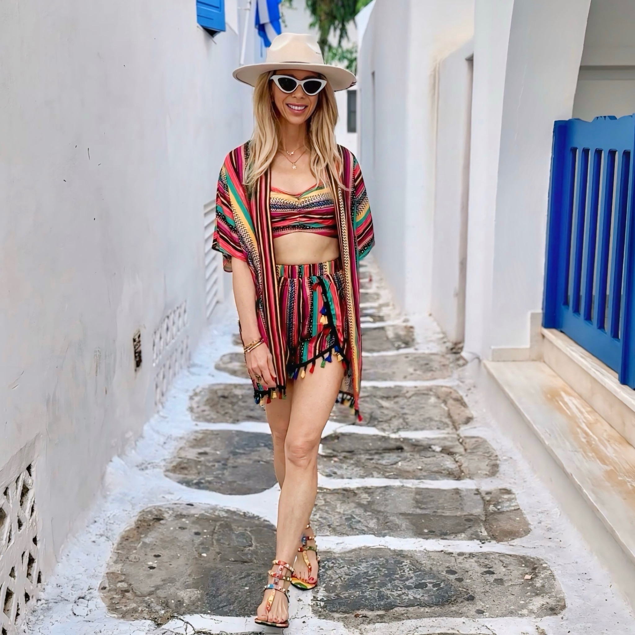 Three piece set perfect for travel, beach, pool or boat. Love the Valentino sandals for a little glam. Wide brim hat with cute details and white cat eye glasses  

#LTKTravel #LTKSaleAlert #LTKCyberWeek