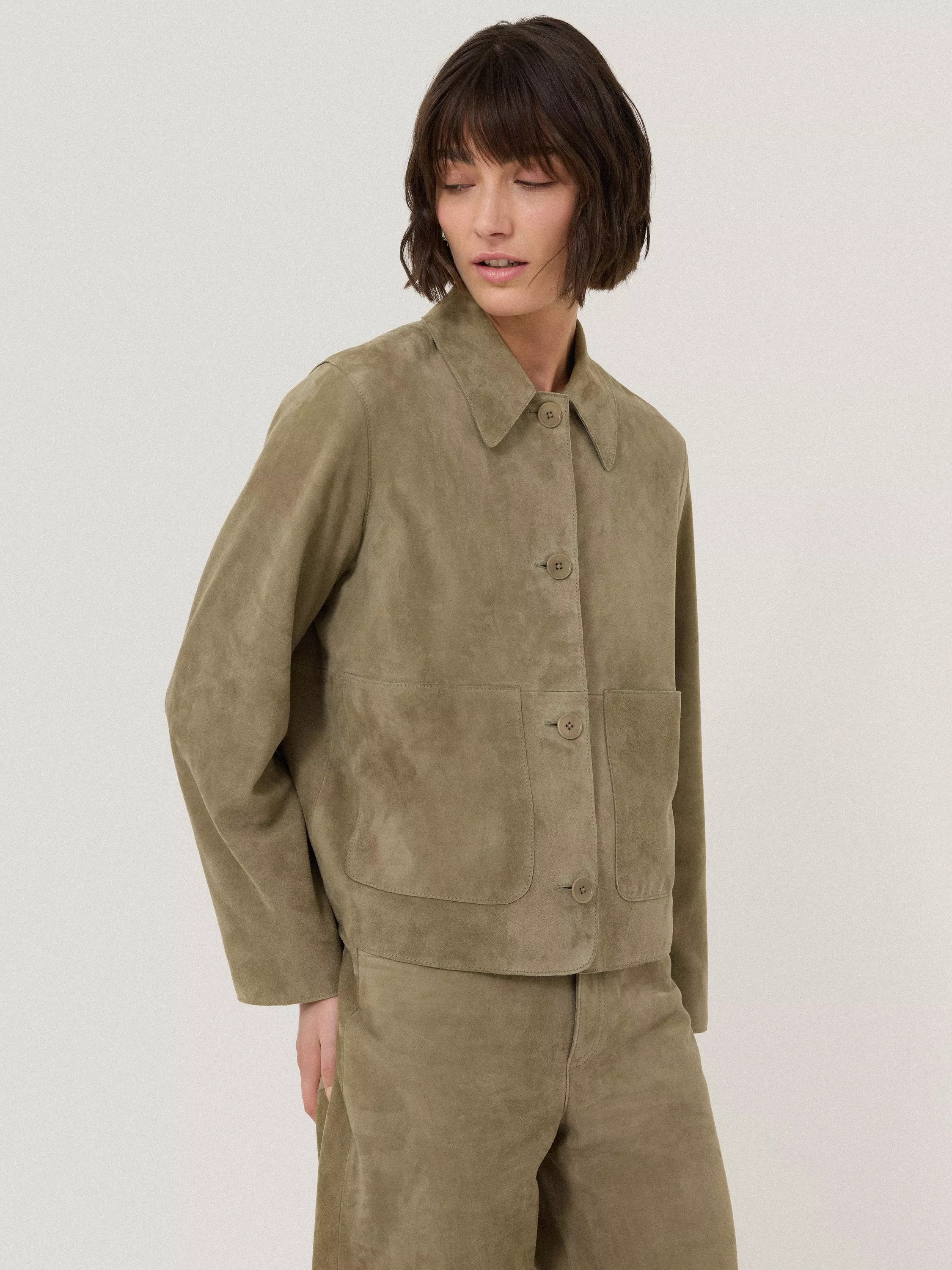 Jigsaw Pure Suede Cropped Jacket, Khaki | John Lewis (UK)