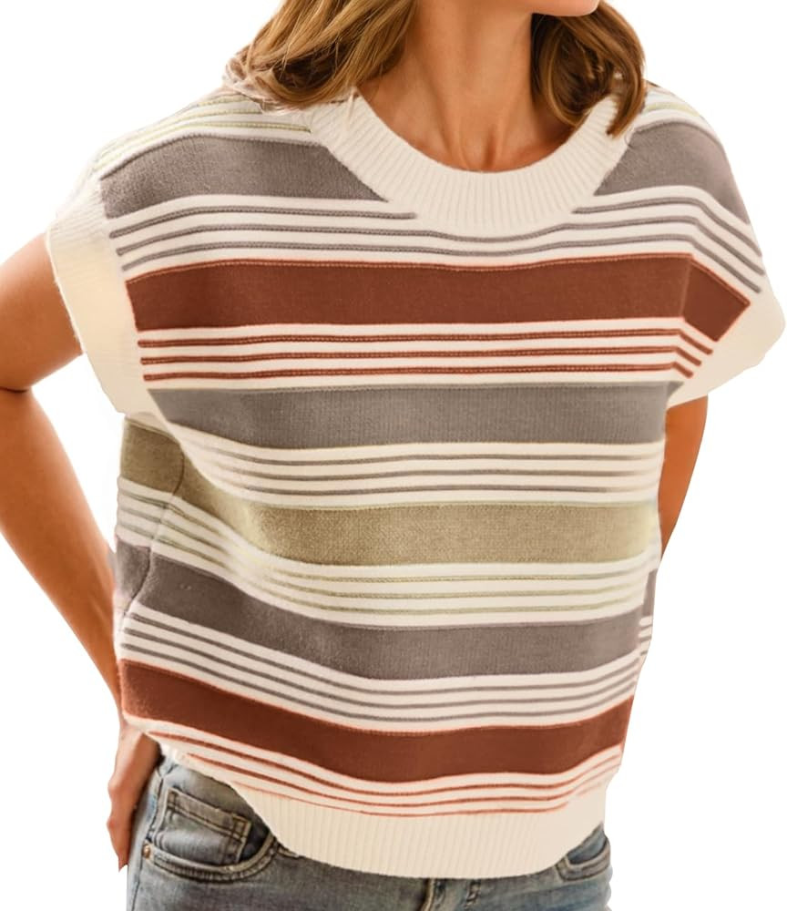 FireSwan Womens Summer Sweater Cap Sleeve Tops Striped Color Block Sweater Vest Crew Neck Casual ... | Amazon (US)