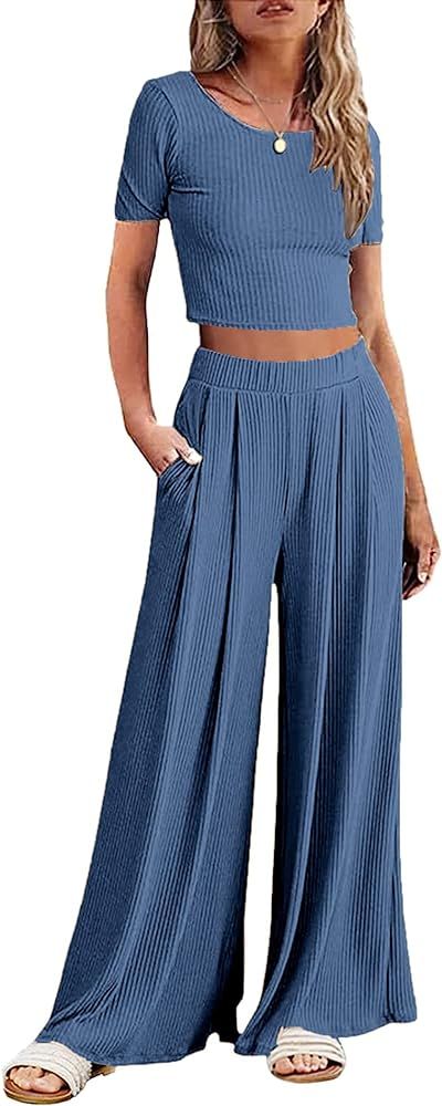 Ekouaer Women's 2 Piece Lounge Sets Short Sleeve Pajama Set Ribbed Knit Crop Top Wide Leg Pants L... | Amazon (US)