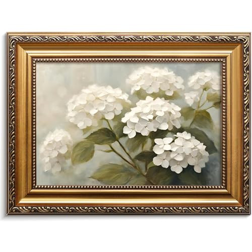 Vodefoad Vintage Gold framed White Hydrangea Floral Wall Art Neutral Cottage Decor Oil Painting for Rustic Décor Retro Home Flower Decor Antique Paintings with Gold Frames - 12x16inch | Amazon (US)
