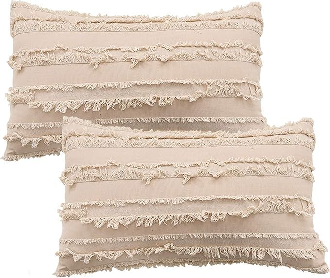 Farmhouse Pillow Covers Cozy Lumbar Oblong Rectangle Throw Pillow Cases, Modern Fringe Cushion Co... | Amazon (US)