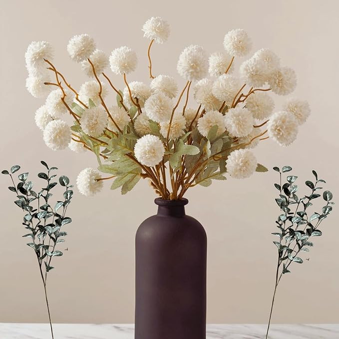 White Faux Flowers for Vase - Kiku 10 Stems & Eucalyptus, Fake Flowers Stems for Pottery Vase, Re... | Amazon (US)