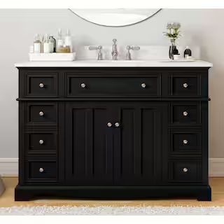 Fremont 49 in W x 22 in D x 34 in H Single Sink Bath Vanity in Black With Engineered White Marble Top | The Home Depot