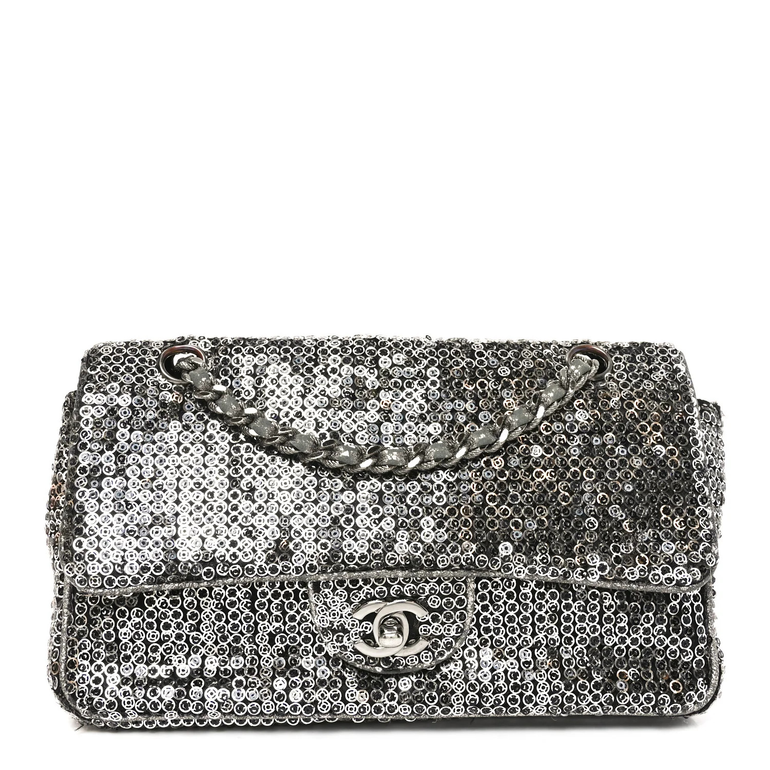Sequin Medium Single Flap Dark Silver | FASHIONPHILE (US)