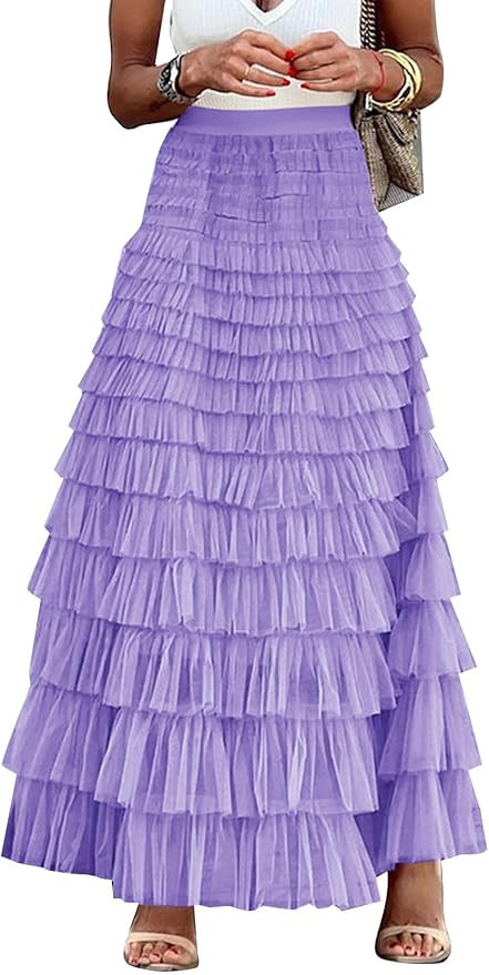 Flygo Women's Long Maxi Tulle Skirts A Line Ruffle High Waisted Tiered Layered Mesh Tutu Skirt Pe... | Amazon (US)