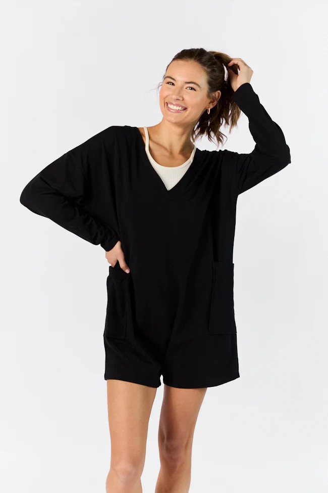 On A Daily Basis Black Deep V-Neck Pocketed Long Sleeve Romper | Pink Lily