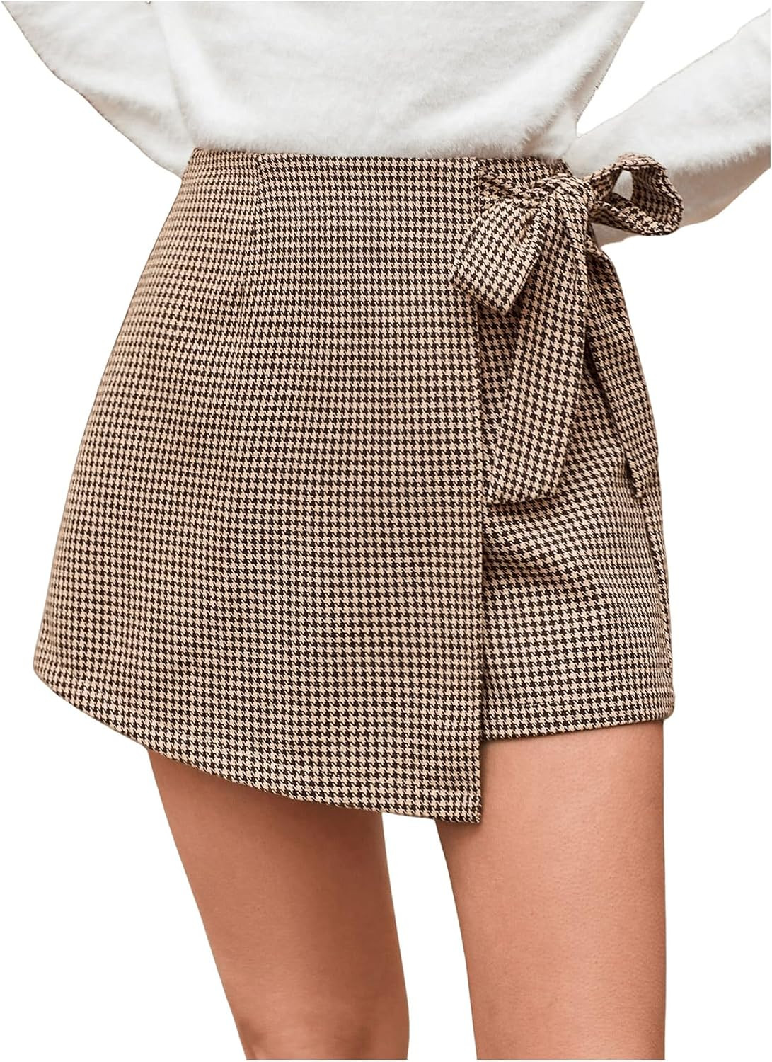 MakeMeChic Women's Houndstooth Wrap Skort Tie High Waisted Dressy Shorts | Amazon (US)