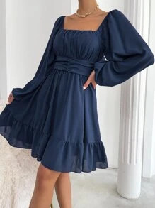 Knot Back Lantern Sleeve Ruffle Hem Dress | SHEIN