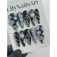 3D Drops Silver On Black Base Cross Long Stiletto Press On Nails Goth, Gothic Fake | Etsy (US)