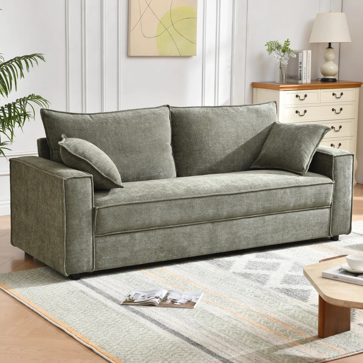 Alcantara 3-Seater 79.5'' Modern Upholstered Sofa with Square Armrests and 2 Throw Pillows | Wayfair North America