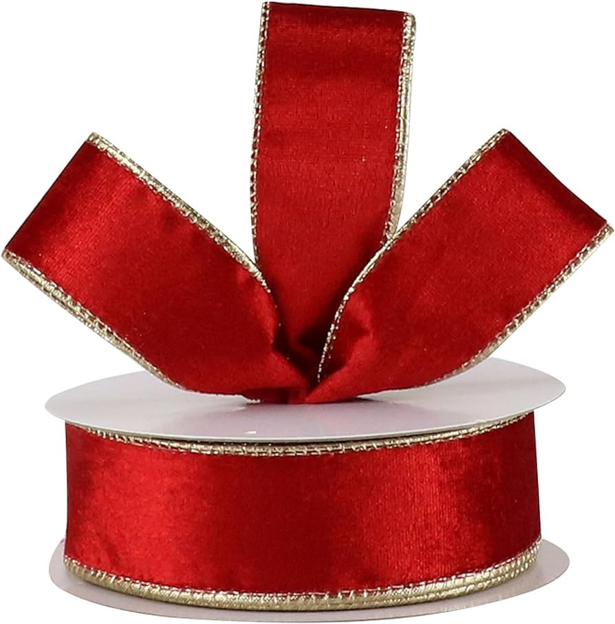 DINDOSAL Red Velvet Ribbon Wired 1.5" x 10 Yards Red Gold Christmas Wired Ribbon with Gold Metall... | Amazon (US)