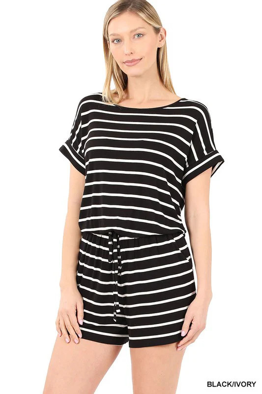 Stripe Romper with Pockets BLACK/IVORY / S | Casual Chic Boutique