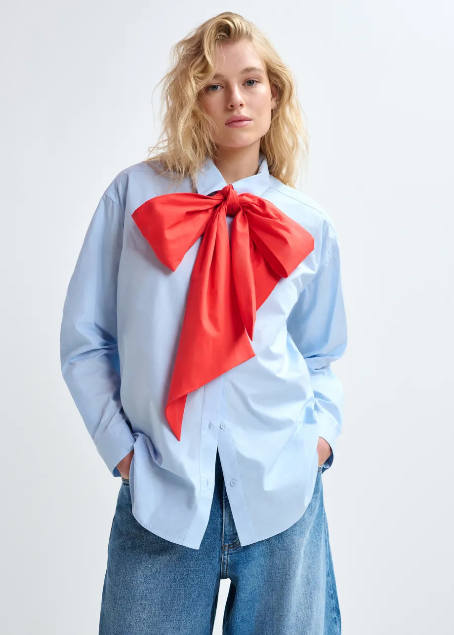 Blue and red cotton shirt with removable bow tie | Essentiel Antwerp United Kingdom | Essentiel Antwerp